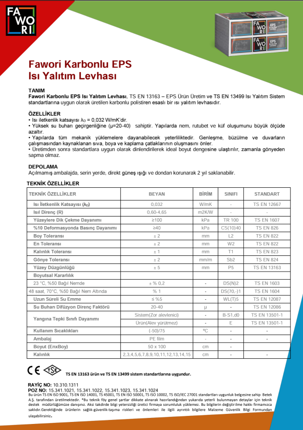 Fawori Karbonlu EPS Isı Yalıtım Levhası - Teknik Özellikler